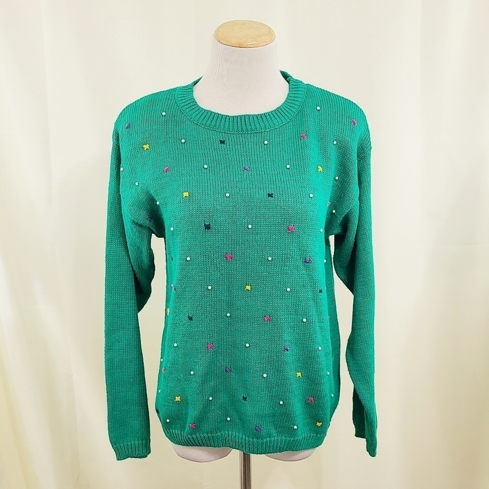 Vintage 80s pearl sweater kelly green embroidered Women's Size Medium